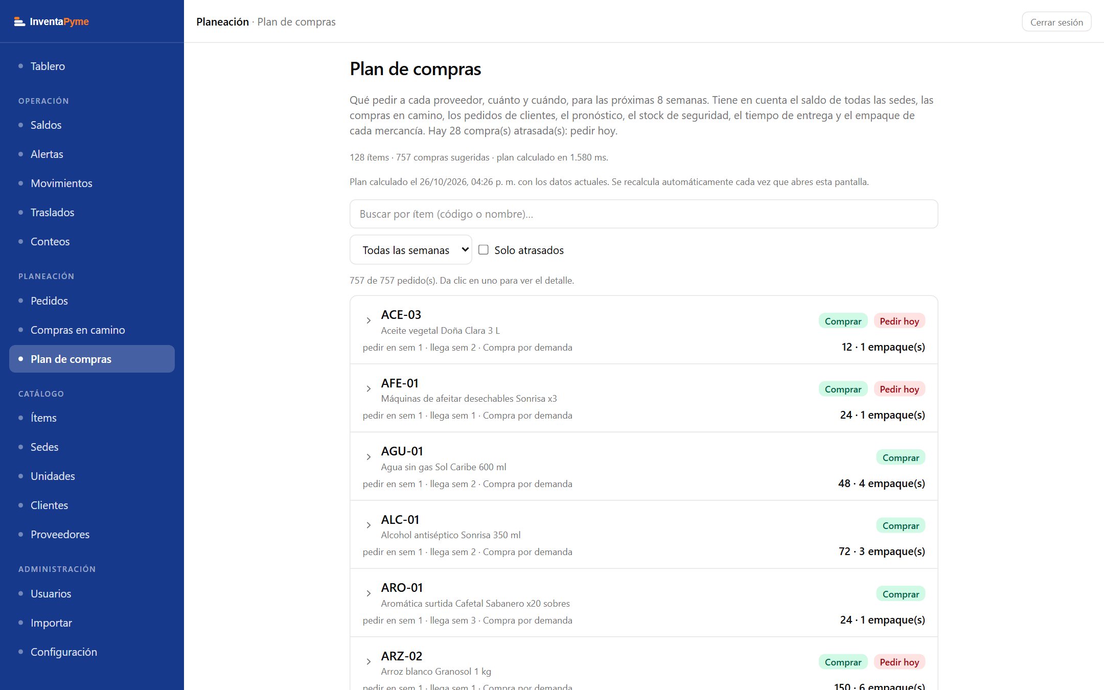Plan de compras con las compras sugeridas por mercancía, empaques y alertas de pedir hoy